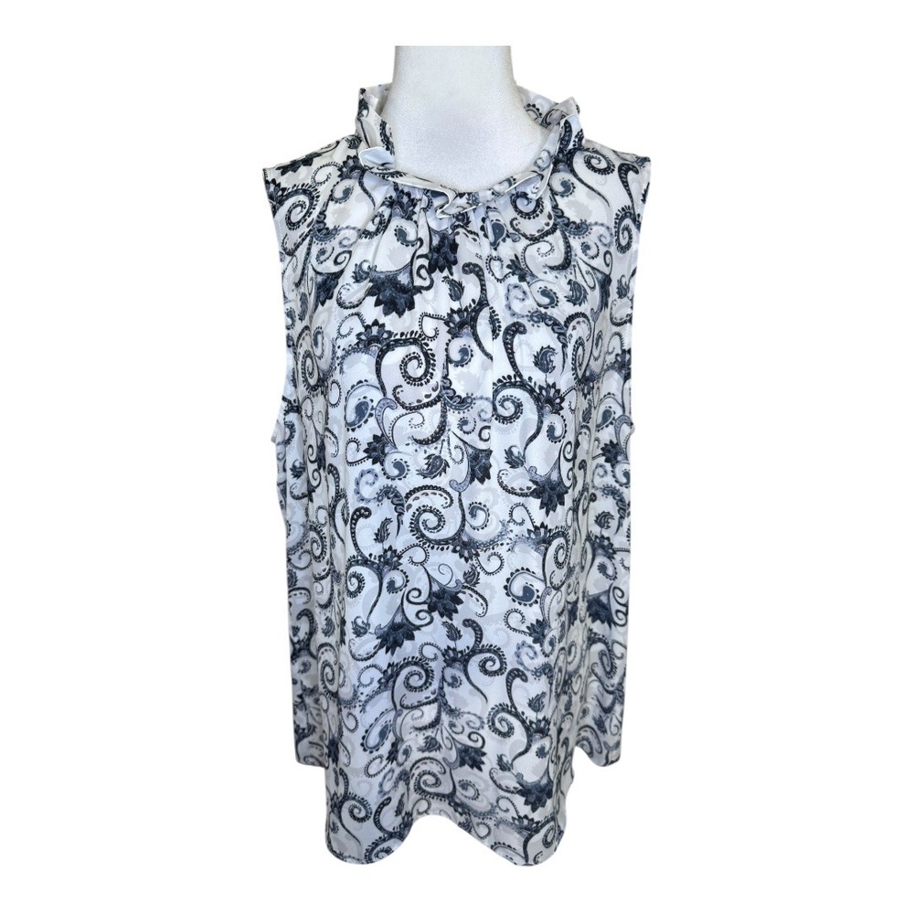 Violet + Claire Sleeveless Mock Neck Top Ivory Black Scroll Print Women XL NWT